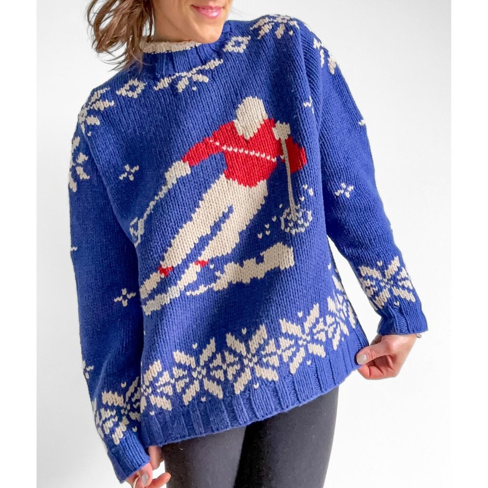 Lands’ End Ski Alpine Blue Lambswool Novelty Cozy Heavy Knit Sweater size large - Picture 2 of 9
